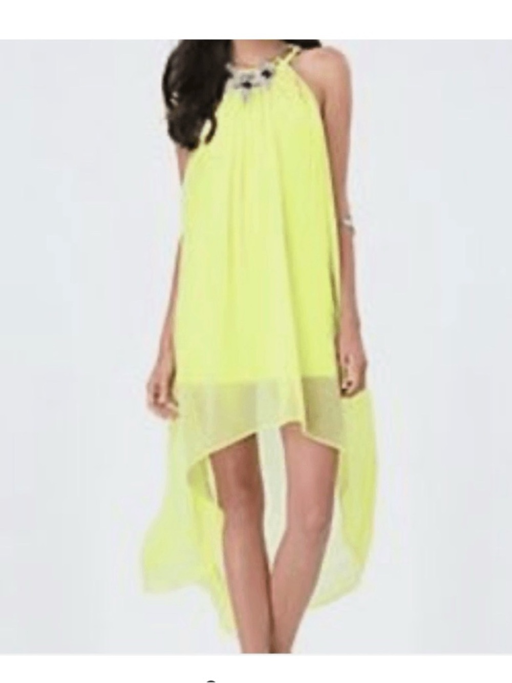 bebe Neon Yellow High-Low Halter Dress